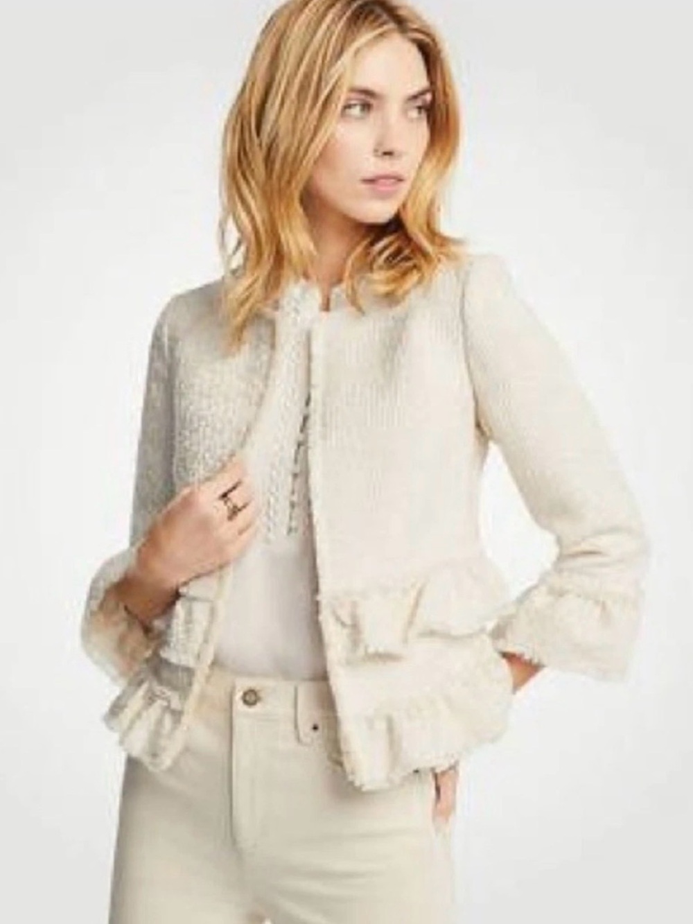 Ann Taylor Tweed Ruffle Detail Jacket, Cream